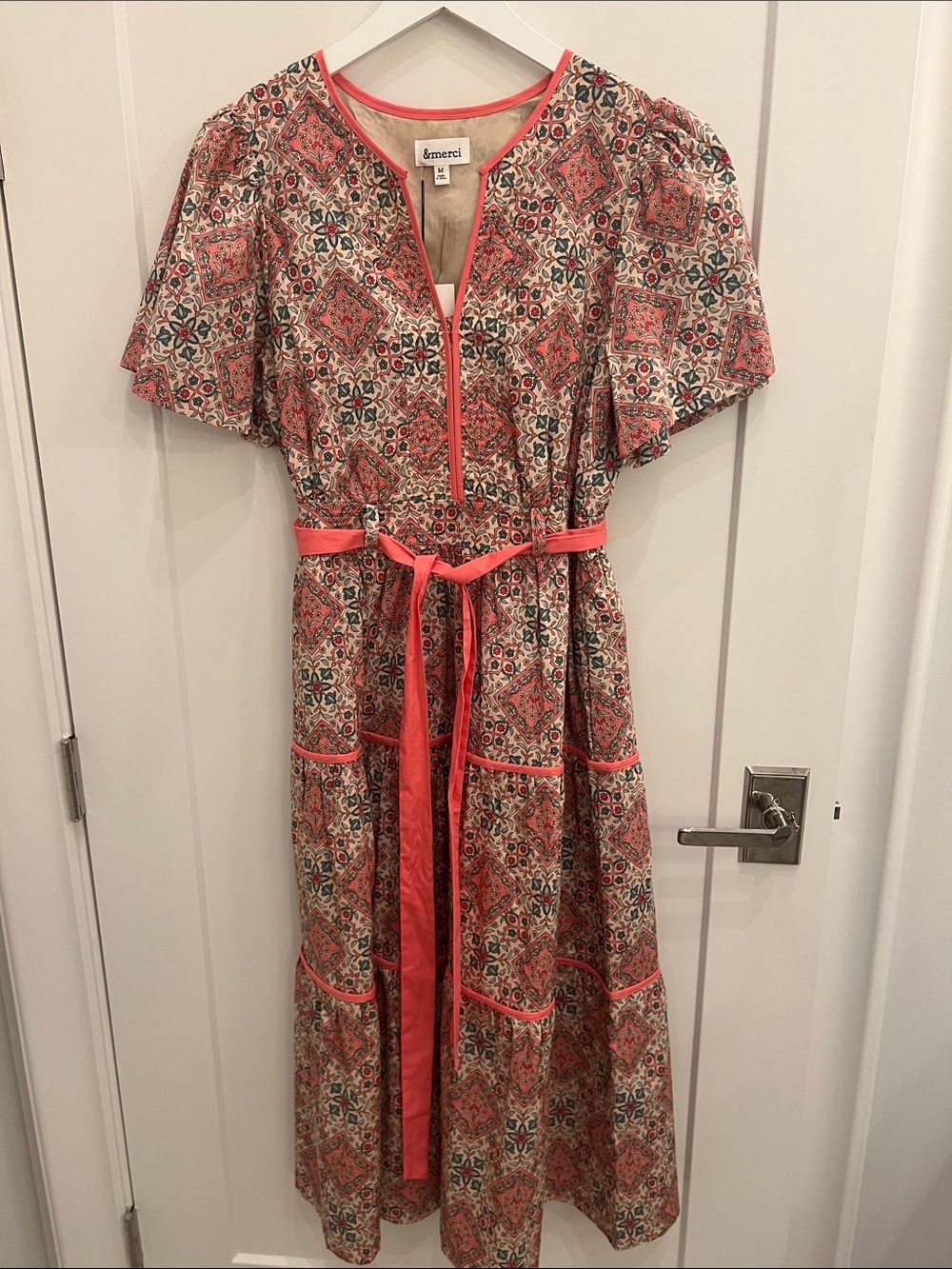 Tile-Print Coral Midi Dress with Tie Waist